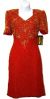 V-Neck Tea Length Formal Beaded Dress with Half Sleeves in Red/Gold